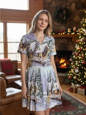 Bernie Dexter Lauren Dress in Winter Wonderland Print Retro Pinup Cotton